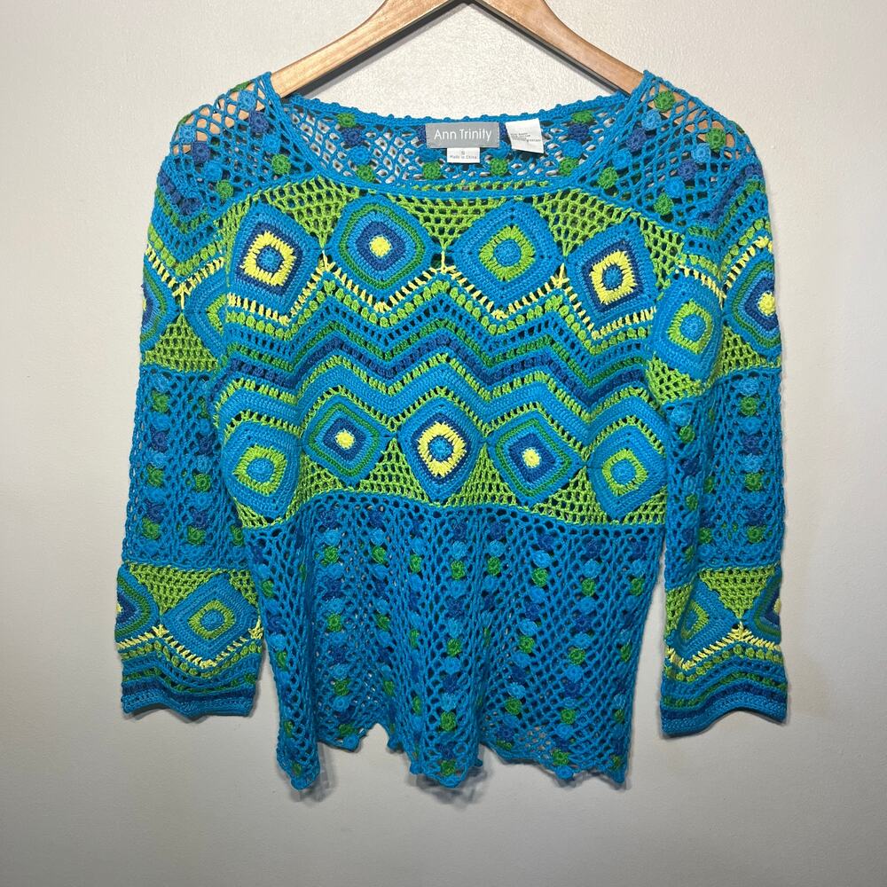 Ann Trinity Sweater Open Knit Crocheted Teal Green Retro Boho Grunge Cotton S